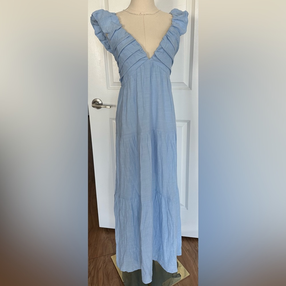 Light Blue Puff Sleeve Plunge V Neck Maxi Dress | New With Tags S